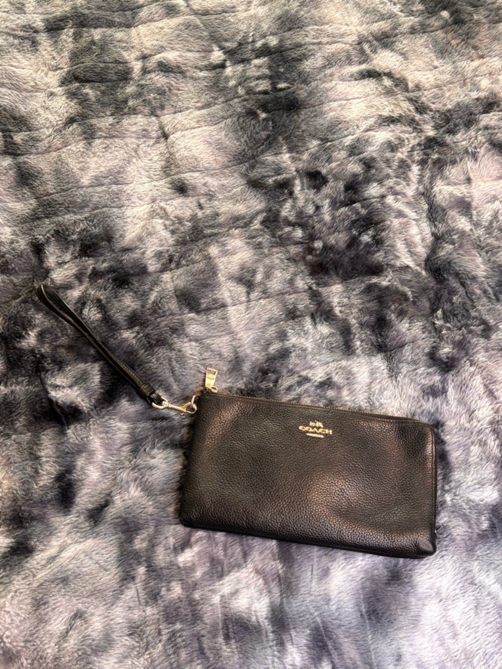 Coach Black Pebbled Leather Wristlet wallet with Gold Logo